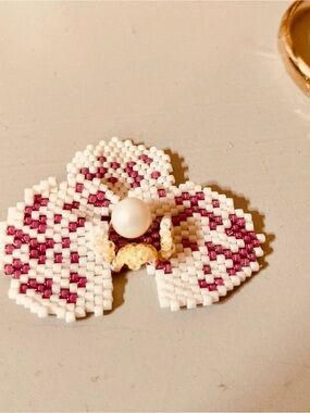 Handmade White and Fuchsia Beaded Flower Necklace Pendant